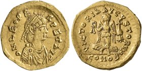 Leo I, 457-474. Tremissis (Gold, 14 mm, 1.30 g, 6 h), Constantinopolis, circa 462 or 466. D N LEO PERPET AVG Diademed, draped and cuirassed bust of Le...