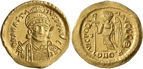 Anastasius I, 491-518. Solidus (Gold, 21 mm, 4.46 g, 7 h), Constantinopolis, 507-518. D N ANASTASIVS P P AVG Pearl-diademed, helmeted and cuirassed bu...