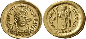 Justin I, 518-527. Solidus (Gold, 21 mm, 4.47 g, 6 h), Constantinopolis, 518-519. D N IVSTINVS P P AVG Pearl-diademed, helmeted and cuirassed bust of ...