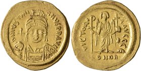 Justinian I, 527-565. Solidus (Gold, 21 mm, 4.50 g, 12 h), Constantinopolis, 545-565. D N IVSTINIANVS P P AVI Helmeted and cuirassed bust of Justinian...