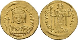 Maurice Tiberius, 582-602. Solidus (Gold, 22 mm, 4.46 g, 7 h), Constantinopolis, 583. O N mAVRIC TIbЄR P P AVI Draped and cuirassed bust of Maurice Ti...