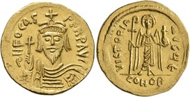 Phocas, 602-610. Solidus (Gold, 21 mm, 4.52 g, 2 h), Constantinopolis, 607-610. δ N FOCAS PЄRP AVI Draped and cuirassed bust of Phocas facing, wearing...