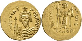 Phocas, 602-610. Solidus (Gold, 21 mm, 4.51 g, 1 h), Constantinopolis, 607-610. δ N FOCAS PЄRP AVI Draped and cuirassed bust of Phocas facing, wearing...
