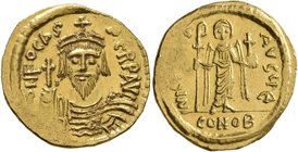 Phocas, 602-610. Solidus (Gold, 21 mm, 4.51 g, 1 h), Constantinopolis, 607-610. δ N FOCAS PЄRP AVI Draped and cuirassed bust of Phocas facing, wearing...