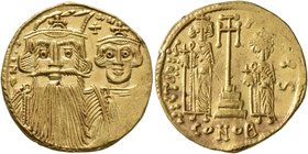 Constans II, with Constantine IV, Heraclius, and Tiberius, 641-668. Solidus (Gold, 20 mm, 4.38 g, 7 h), Constantinopolis, 661-663. d N' AN Facing bust...
