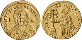 Justinian II, first reign, 685-695. Solidus (Gold, 19 mm, 4.42 g, 7 h), Constantinopolis, 692-695. IҺS CRISTOS RЄX RЄTNANTI ЧM Draped bust of Christ f...