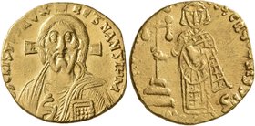 Justinian II, first reign, 685-695. Solidus (Gold, 19 mm, 4.35 g, 7 h), Constantinopolis, 692-695. IҺS CRISTOS RЄX RЄTNANTI ЧM Draped bust of Christ f...