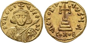 Tiberius III (Apsimar), 698-705. Solidus (Gold, 19 mm, 4.41 g, 6 h), Constantinopolis. D tIbЄRIЧS PЄ AV Draped and cuirassed bust of Tiberius III faci...