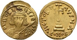Tiberius III (Apsimar), 698-705. Solidus (Gold, 20 mm, 4.45 g, 7 h), Constantinopolis. D tIbЄRIЧS PЄ AV Draped and cuirassed bust of Tiberius III faci...