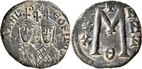 Michael II the Amorian, with Theophilus, 820-829. Follis (Bronze, 30 mm, 7.89 g, 7 h), Constantinopolis. MIXAHL S ΘЄOFILOS Facing busts of Michael II,...