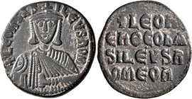Leo VI the Wise, 886-912. Follis (Bronze, 25 mm, 6.80 g, 6 h), Constantinopolis. +LЄOn bASILЄVS ROM' Bust of Leo VI facing, with short beard, wearing ...