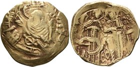 Michael VIII Palaeologus, 1261-1282. Hyperpyron (Electrum, 24 mm, 4.12 g, 7 h), Constantinopolis. Bust of Virgin Mary, orans, within city walls furnis...