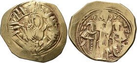 Andronicus II Palaeologus, with Michael IX, 1282-1328. Hyperpyron (Electrum, 25 mm, 4.10 g, 6 h), Constantinopolis. Bust of Virgin Mary, orans, within...