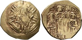 Andronicus II Palaeologus, with Michael IX, 1282-1328. Hyperpyron (Electrum, 24 mm, 4.12 g, 7 h), Constantinopolis. Bust of Virgin Mary, orans, within...