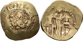 Andronicus II Palaeologus, with Michael IX, 1282-1328. Hyperpyron (Electrum, 24 mm, 4.42 g, 6 h), Constantinopolis. Bust of Virgin Mary, orans, within...