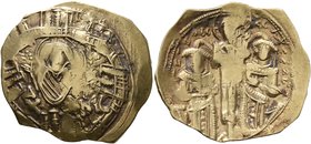 Andronicus II Palaeologus, with Michael IX, 1282-1328. Hyperpyron (Electrum, 24 mm, 4.03 g, 6 h), Constantinopolis. Bust of Virgin Mary, orans, within...