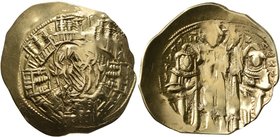 Andronicus II Palaeologus, with Michael IX, 1282-1328. Hyperpyron (Electrum, 26 mm, 3.82 g, 6 h), Constantinopolis. Bust of Virgin Mary, orans, within...