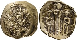 Andronicus II Palaeologus, with Michael IX, 1282-1328. Hyperpyron (Electrum, 24 mm, 3.52 g, 5 h), Constantinopolis. Bust of Virgin Mary, orans, within...