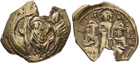 Andronicus II Palaeologus, with Michael IX, 1282-1328. Hyperpyron (Electrum, 23 mm, 3.98 g, 6 h), Constantinopolis. Bust of Virgin Mary, orans, within...