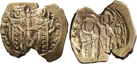 John V Palaeologus, 1341-1391. Hyperpyron (Electrum, 24 mm, 3.62 g, 6 h), with Anna of Savoy and Andronicus III, Constantinopolis, 1341-1347. On the l...