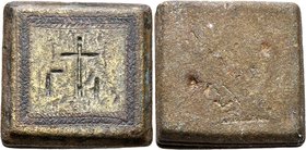 Byzantine Weights, Circa 5th-7th centuries. Weight of 2 Ounkia (Orichalcum, 26x26 mm, 52.59 g), a uniface square commercial weight with triple-grooved...