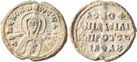 Theophanes, imperial protospatharios, 9th century. Seal (Lead, 25 mm, 8.73 g, 12 h). +ΘKЄ ROHΘI Tω Cω ΔOVΛ,; in fields, MHP - ΘV; four dots in the for...