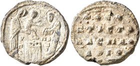 Theoktistos, imperial protospatharios, 10th century. Seal (Lead, 18 mm, 4.69 g, 12 h). V/Π/O-ΠA/N/T, The Presentation of Christ in the Temple of Jerus...