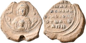 Pharasmanes Apokapes, patrikios anthypatos, 11th century. Seal (Lead, 29 mm, 16.54 g, 12 h). MHP -ΘV Nimbate Theotokos “Episkepsis”, raising both hand...