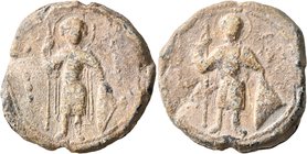 Anonymous, 11th century. Seal (Lead, 30 mm, 19.31 g, 12 h). Nimbate military saint (Georgios?) standing facing, holding spear and shield. Rev. Nimbate...