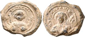 Abramios, 11th century. Seal (Lead, 17 mm, 4.03 g, 12 h). +KЄ ROHΘЄI; in the fields, M/[I]X-AH/Λ Nimbate facing bust of St. Michael, holding scepter i...