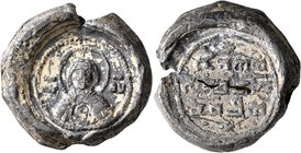 Uncertain, 11th century. Seal (Lead, 26 mm, 20.64 g, 12 h). MHP ΘV
 Nimbate Theotokos “Nikopoios”, holding medallion of Christ with both hands. Rev. ...