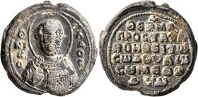 Methodios, late 11th century. Seal (Lead, 24 mm, 12.86 g, 11 h). Θ / NI/K/O-Λ/A/O/C Nimbate facing bust of Saint Nicholas, raising his right hand in b...