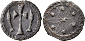 BYZANTINE OR CRUSADERS. Circa 10th century or later. Tessera (Lead, 14 mm, 1.49 g). Large cross flanked by palm branches (?), all within decorated bor...