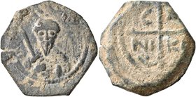 CRUSADERS. Antioch. Tancred, regent, 1101-1112. Follis (Bronze, 23 mm, 6.04 g, 6 h). Cuirassed bust of Tancred facing, wearing turban with cross and h...