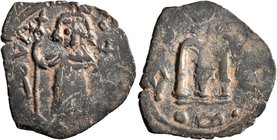 ISLAMIC, Time of the Rashidun. Pseudo-Byzantine types. Fals (Bronze, 22 mm, 1.96 g, 6 h), derived from folles imitating the EN T૪TO NIKA follis of Con...