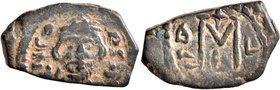 ISLAMIC, Time of the Rashidun. Pseudo-Byzantine types. Fals (Bronze, 14x23 mm, 4.20 g, 7 h), imitating a follis of Constans II, uncertain mint, circa ...