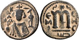 ISLAMIC, Umayyad Caliphate. temp. Mu'awiya I ibn Abi Sufyan, AH 41-60 / AD 661-680. Fals (Bronze, 21 mm, 4.47 g, 7 h), Arab-Byzantine type, Hims, AH 4...