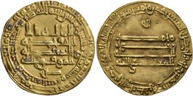ISLAMIC, 'Abbasid Caliphate. Al-Mu'tamid, AH 256-279 / AD 870-892. Dinar (Gold, 23 mm, 3.61 g, 11 h), citing the Caliph al-Mu'tamid 'Ala Allah and his...