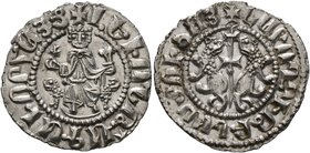 ARMENIA, Cilician Armenia. Royal. Levon I, 1198-1219. Tram (Silver, 22 mm, 2.93 g, 2 h). Levon seated facing on throne decorated with lions, holding c...