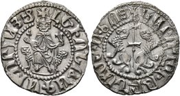 ARMENIA, Cilician Armenia. Royal. Levon I, 1198-1219. Tram (Silver, 23 mm, 2.81 g, 12 h). Levon seated facing on throne decorated with lions, holding ...