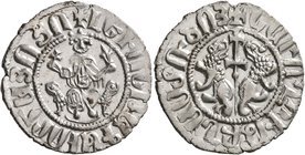 ARMENIA, Cilician Armenia. Royal. Levon I, 1198-1219. Tram (Silver, 21 mm, 2.99 g, 3 h). Levon seated facing on throne decorated with lions, holding c...