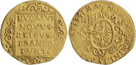 GERMANY. Frankfurt (Stadt). Dukat (Gold, 23 mm, 3.46 g, 1 h), moneyer Johann Anselm Münch, 1641. DVCATVS / NOVVS• / REIPVBL• / FRANCO/FVRT• within orn...