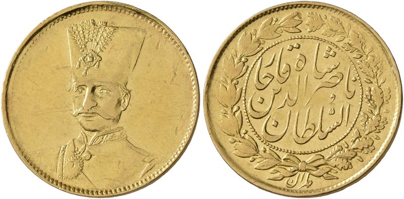 IRAN, Qajars. Nasir al-Din Shah, AH 1264-1313 / AD 1848-1896. Toman (Gold, 19 mm...
