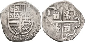 SPAIN, Reino de España. Felipe II el Prudente, 1556-1598. Cob 4 Reales (Silver, 28 mm, 10.66 g, 2 h), Segovia. Crowned coat-of-arms. Rev. Coat-of-arms...