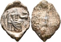 SEALS, Roman. Seal (Lead, 20 mm, 2.84 g), circa 2nd-3rd centuries. Zeus-Jupiter (?) seated right, holding globe in his left hand between crescent moon...
