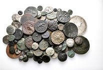 A lot containing 39 silver and 91 bronze coins. Includes: Greek, Roman, Byzantine, World. LOT SOLD AS IS, NO RETURNS. 130 coins in lot.