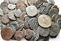 A lot containing 87 bronze coins. All: Byzantine. Fair to about very fine. LOT SOLD AS IS, NO RETURNS. 87 coins in lot.
