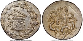 LYDIA. Sardes. Ca. 166-128 BC. AR cistophorus (26mm, 12.84 gm, 12h). NGC MS 5/5 - 3/5, gouge. Ca. AD 160-150. Serpent emerging from cista mystica; all...