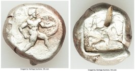 PAMPHYLIA. Aspendus. Ca. mid-5th century BC. AR stater (18mm, 10.82 gm). VF, test cut. Helmeted nude hoplite warrior advancing right, shield on left a...