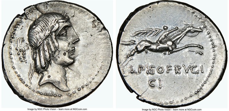 L. Calpurnius Piso Frugi (ca. 90 BC). AR denarius (19mm, 1h). NGC XF, brushed. R...